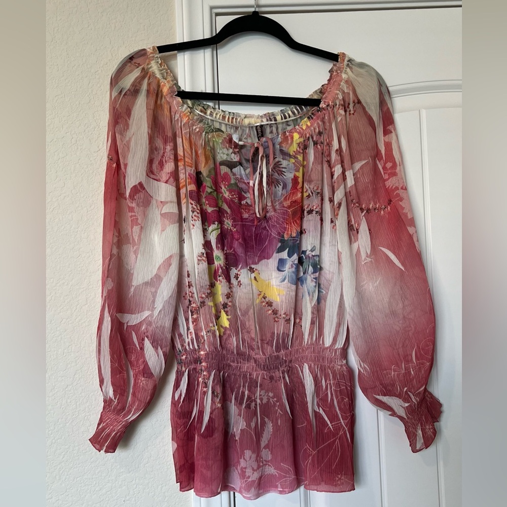 Long Sleeve Pink Floral Sheer Blouse